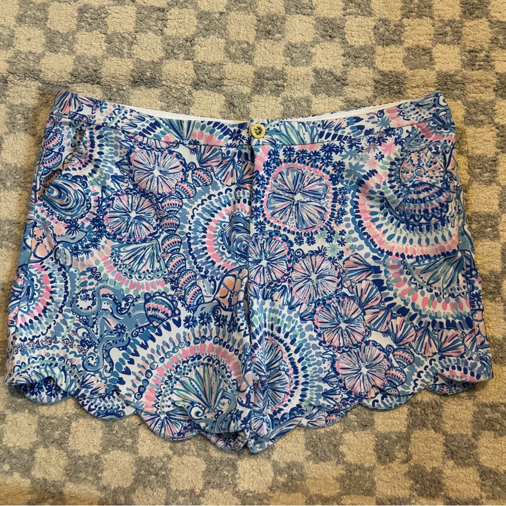 Lilly Pulitzer Blue Pink Printed Scallop Hem Shorts